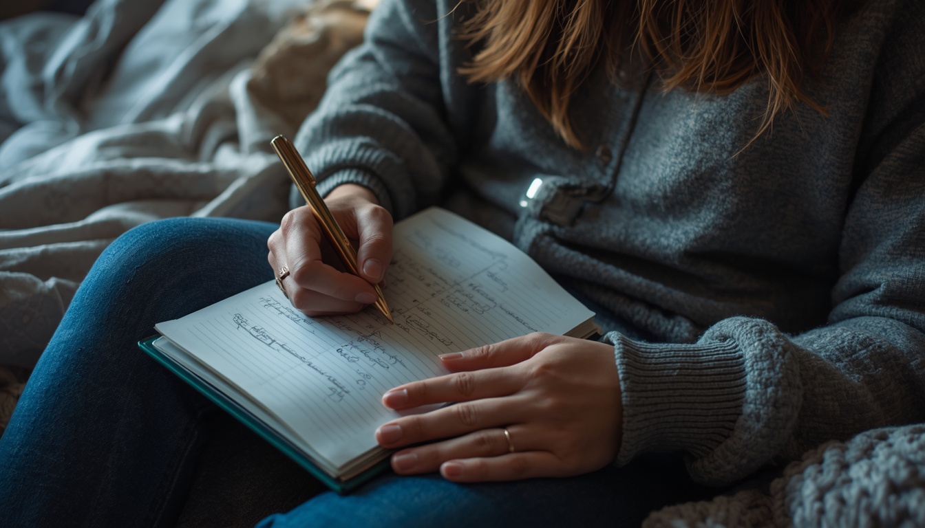 Person planning their evening routine with journal and calming tea